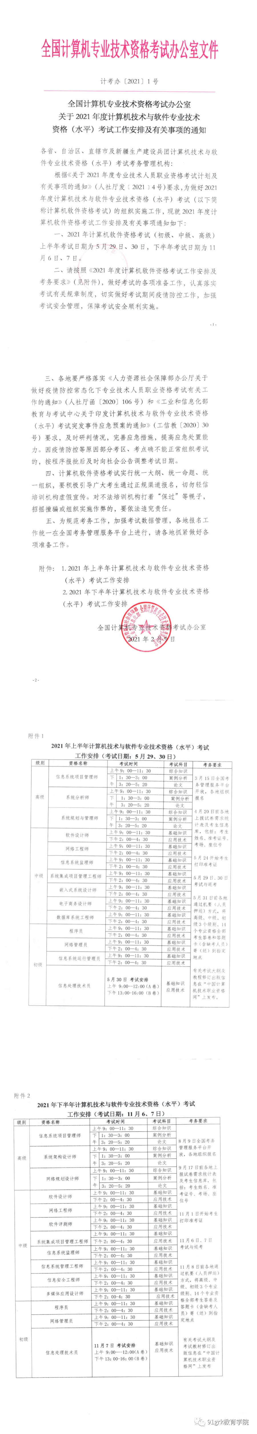 2021年计算机技术与软件专业技术资格(水平)考试安排有关事项的通知