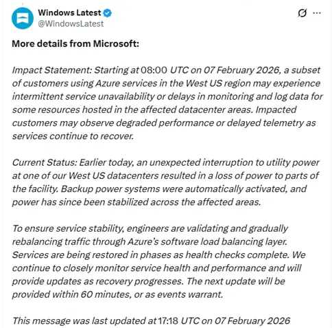 微软确认由于数据中心电力故障导致商店/Windows更新中断