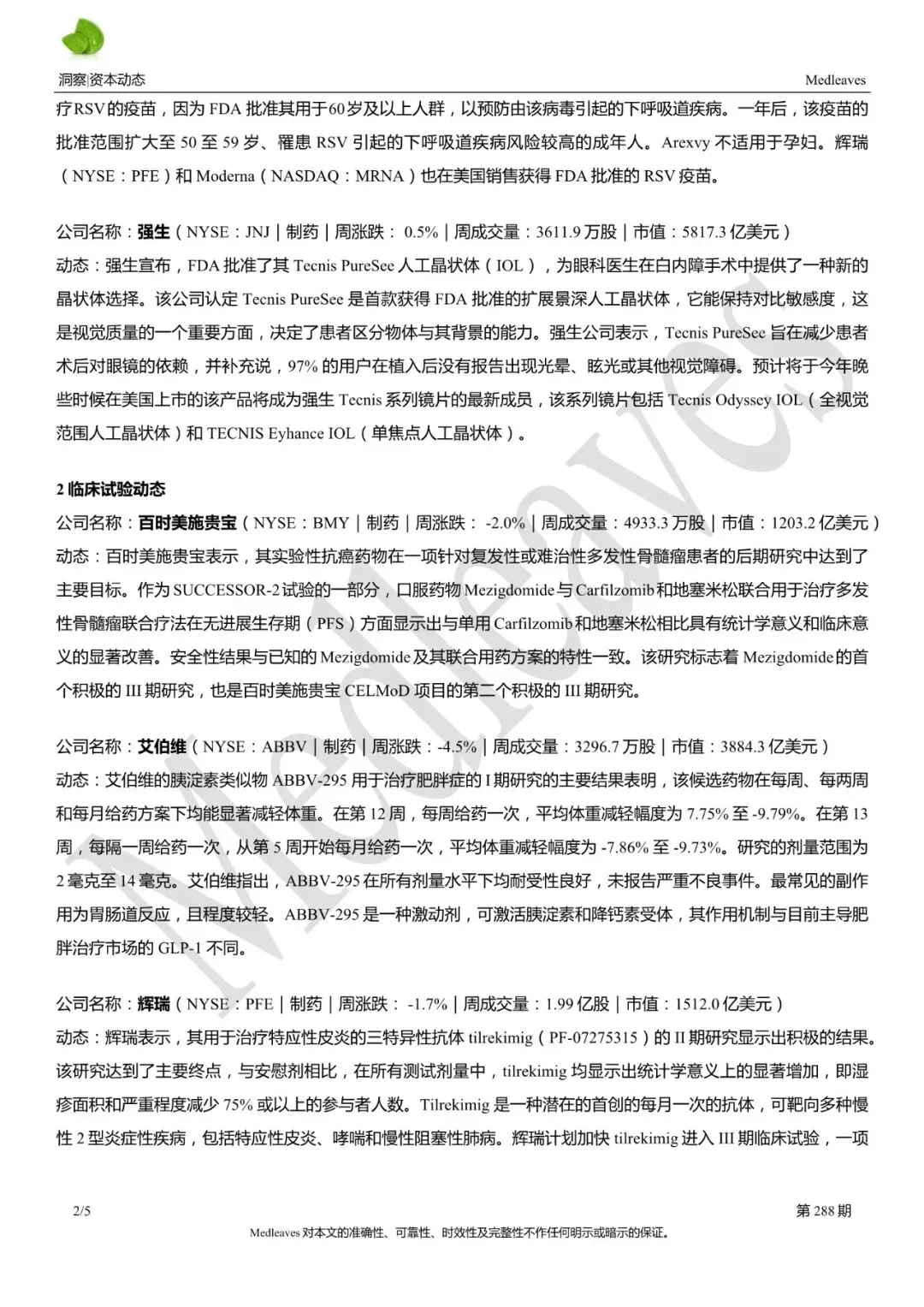 资本动态 | 美国医药二级市场动态288期