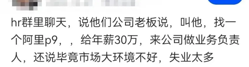 某HR爆料:老板说现在市场大环境不好,失业的人多.让我去找一个阿里P9,给年薪30w,来公司做业务负责人