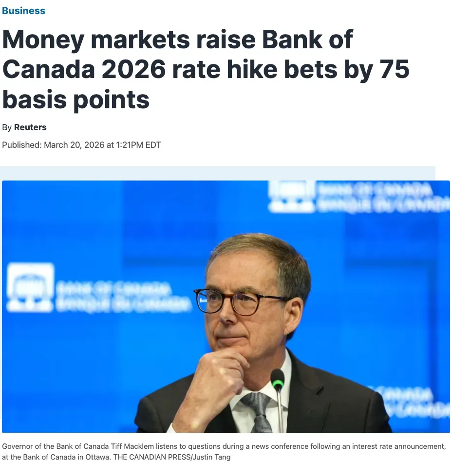 市场押注加拿大央行今年加息75基点!固定利率大幅上涨!