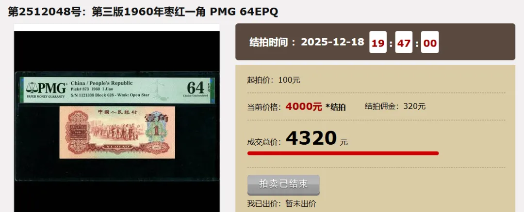 像这一种“枣红”1角纸币,市场动态如何?像这种4320元的也是少见.