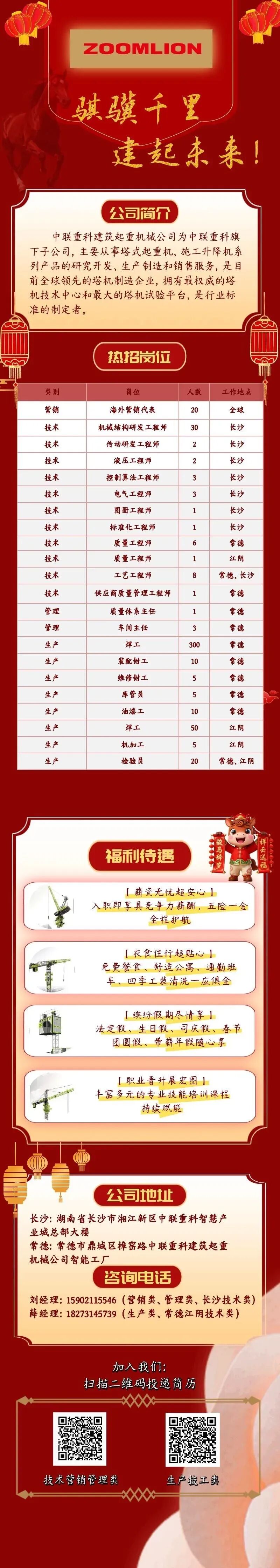 中联重科建筑起重机械公司招聘(营销/技术/生产/管理等多岗,五险一金,免费餐食,公寓住宿)