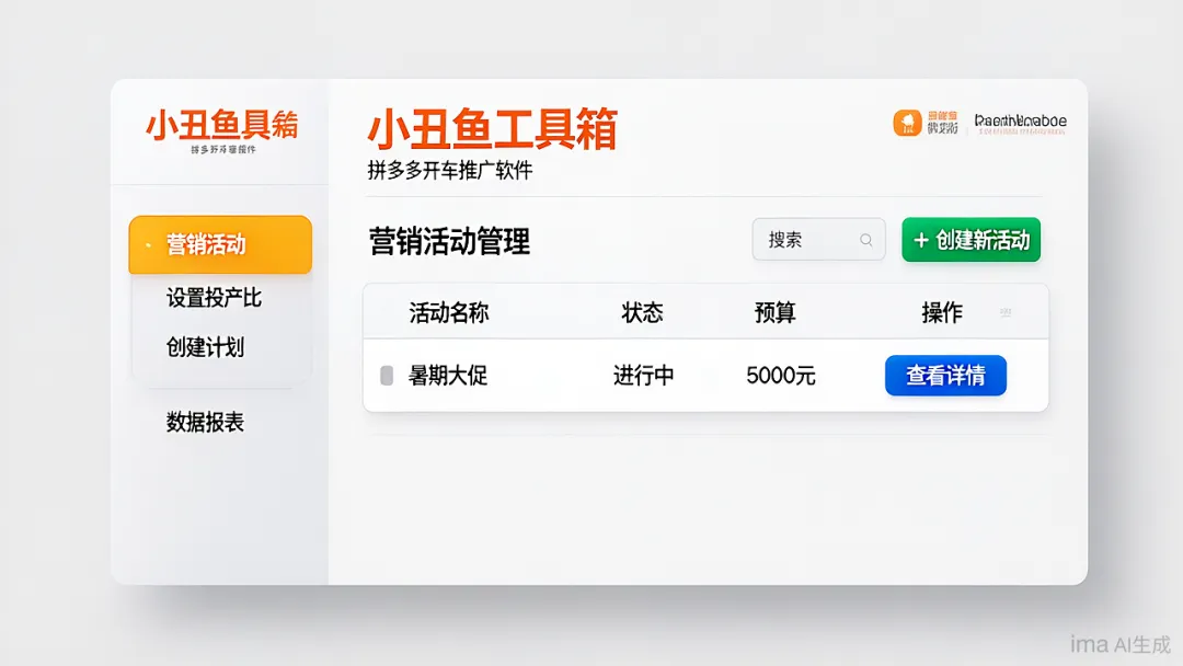 小丑鱼工具箱-拼多多开车推广软件-营销活动-设置投产比-创建计划等功能