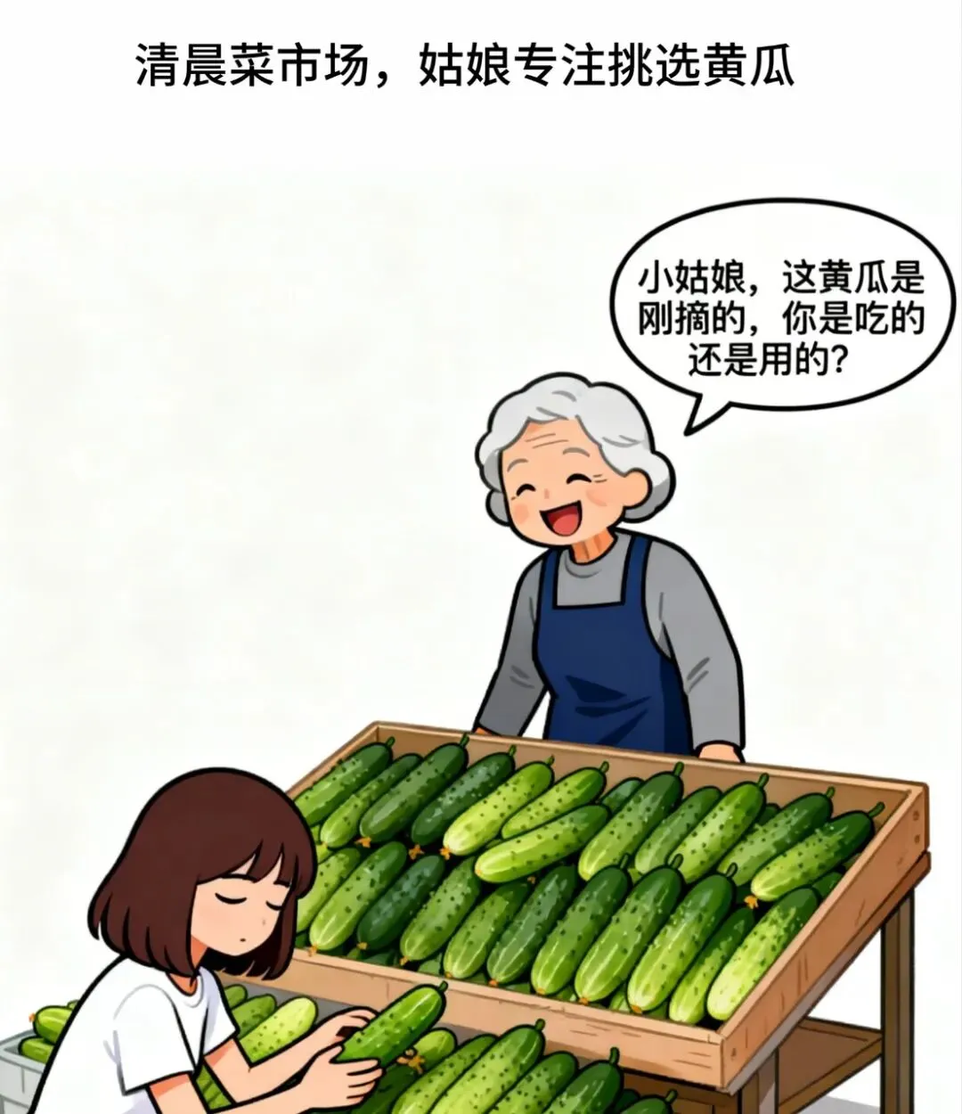 疯狂漫画:早上,一姑娘在市场认真挑选黄瓜,卖菜阿姨热情招呼:小姑娘,这黄瓜是刚摘的,你是吃的还是用的?小姑娘脸一红回答:阿姨