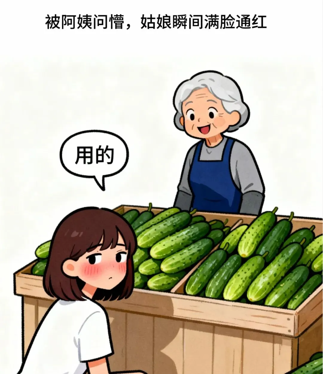 疯狂漫画:早上,一姑娘在市场认真挑选黄瓜,卖菜阿姨热情招呼:小姑娘,这黄瓜是刚摘的,你是吃的还是用的?小姑娘脸一红回答:阿姨