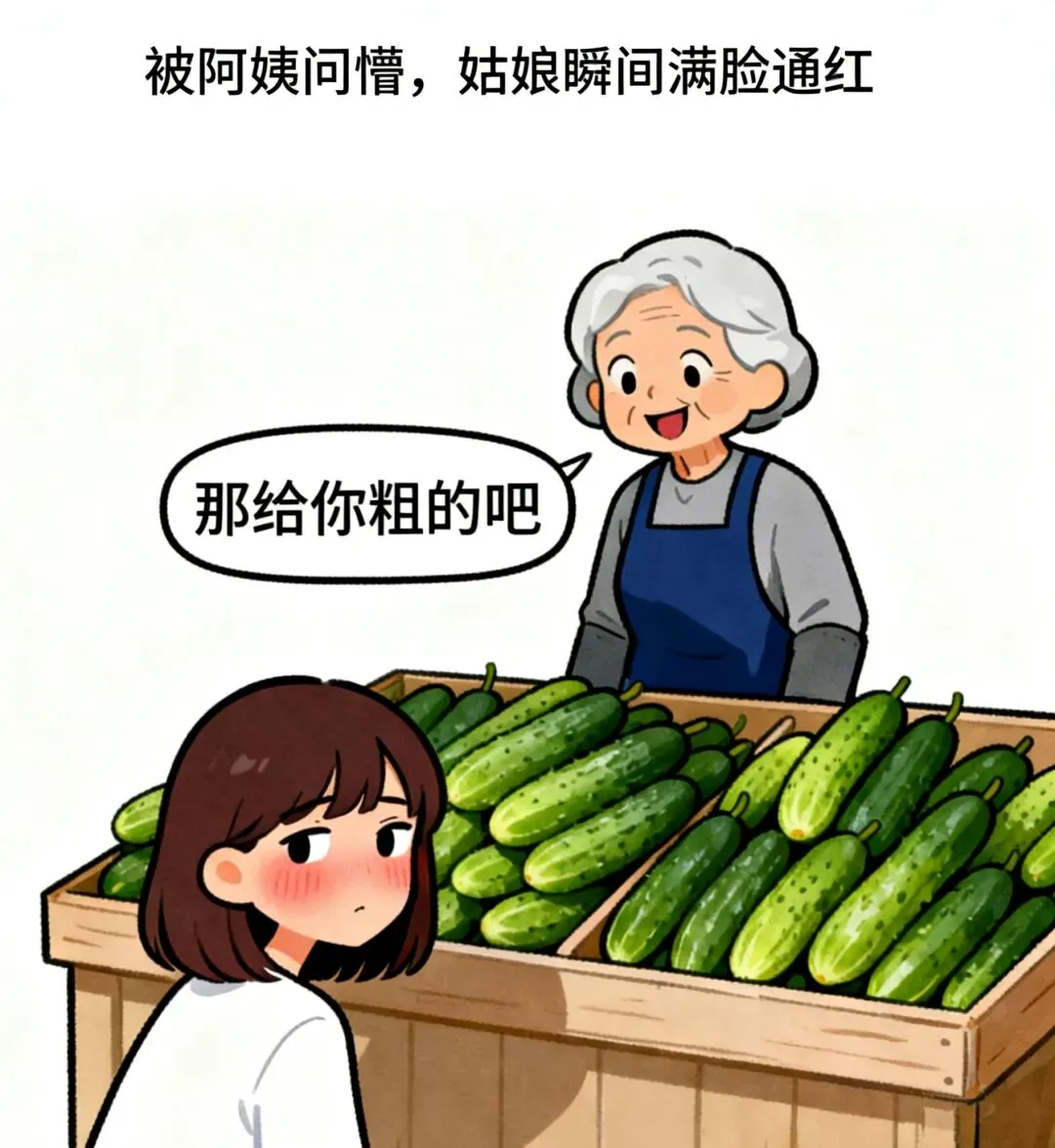疯狂漫画:早上,一姑娘在市场认真挑选黄瓜,卖菜阿姨热情招呼:小姑娘,这黄瓜是刚摘的,你是吃的还是用的?小姑娘脸一红回答:阿姨