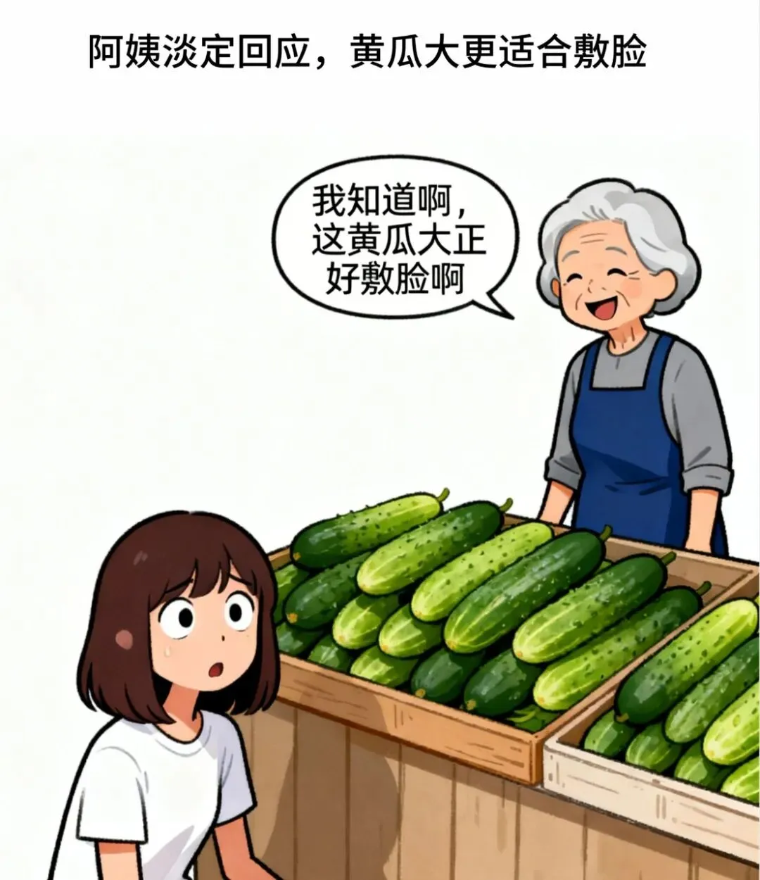 疯狂漫画:早上,一姑娘在市场认真挑选黄瓜,卖菜阿姨热情招呼:小姑娘,这黄瓜是刚摘的,你是吃的还是用的?小姑娘脸一红回答:阿姨