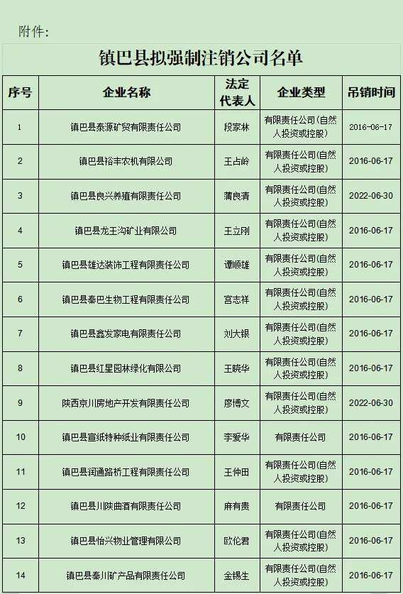 镇巴县市场监督管理局拟强制注销公司登记公告