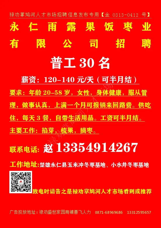 【禄武招聘】禄劝掌鸠河人才市场本地招聘汇总第0328期(图片、文字、语音同步招聘)