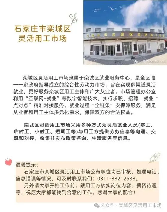 3月28日栾城区零工市场推荐岗位信息