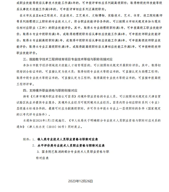 【天津市】计算机技术与软件专业技术资格(软考)与职称对应关系政策文件(津人社办发〔2023〕64号)