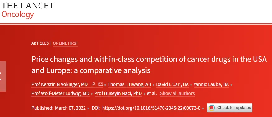 柳叶刀丨美国抗癌药物市场竞争加剧,药价不降反增