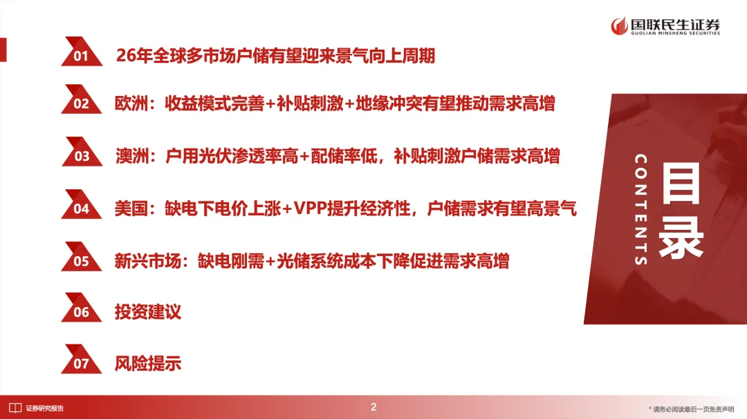 储能深度:2026年全球多市场户储有望迎来景气向上周期【国联民生电新】