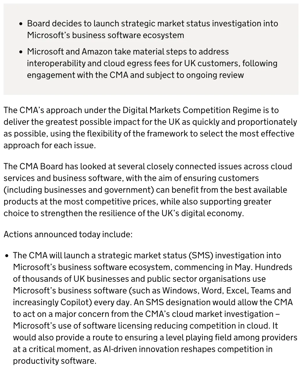 英国竞争与市场管理局对微软云服务及办公软件产品涉嫌垄断问题采取执法行动