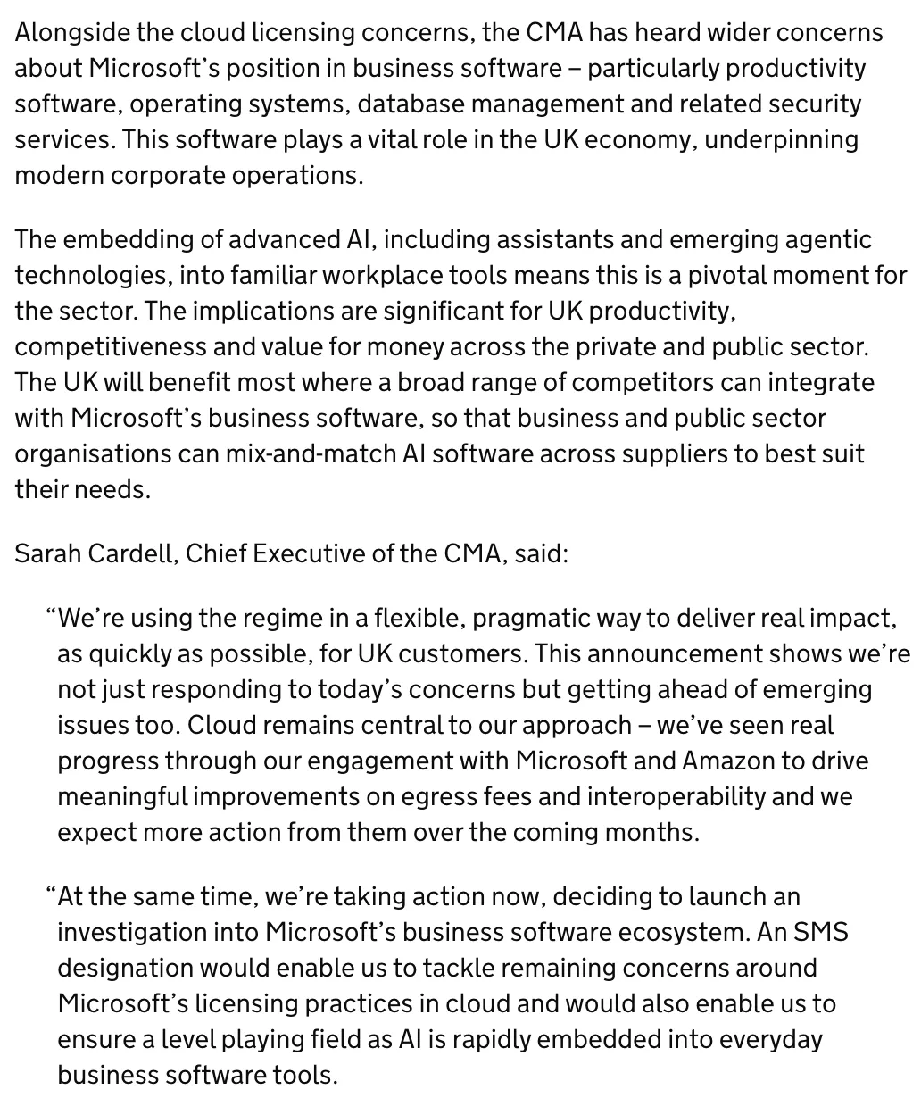 英国竞争与市场管理局对微软云服务及办公软件产品涉嫌垄断问题采取执法行动