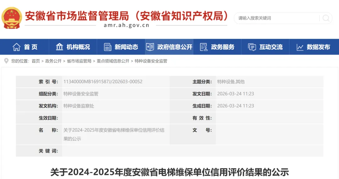 安徽省市场监管局公示2024-2025年度电梯维保单位信用评价结果,附维保单位名录(按台量排序)