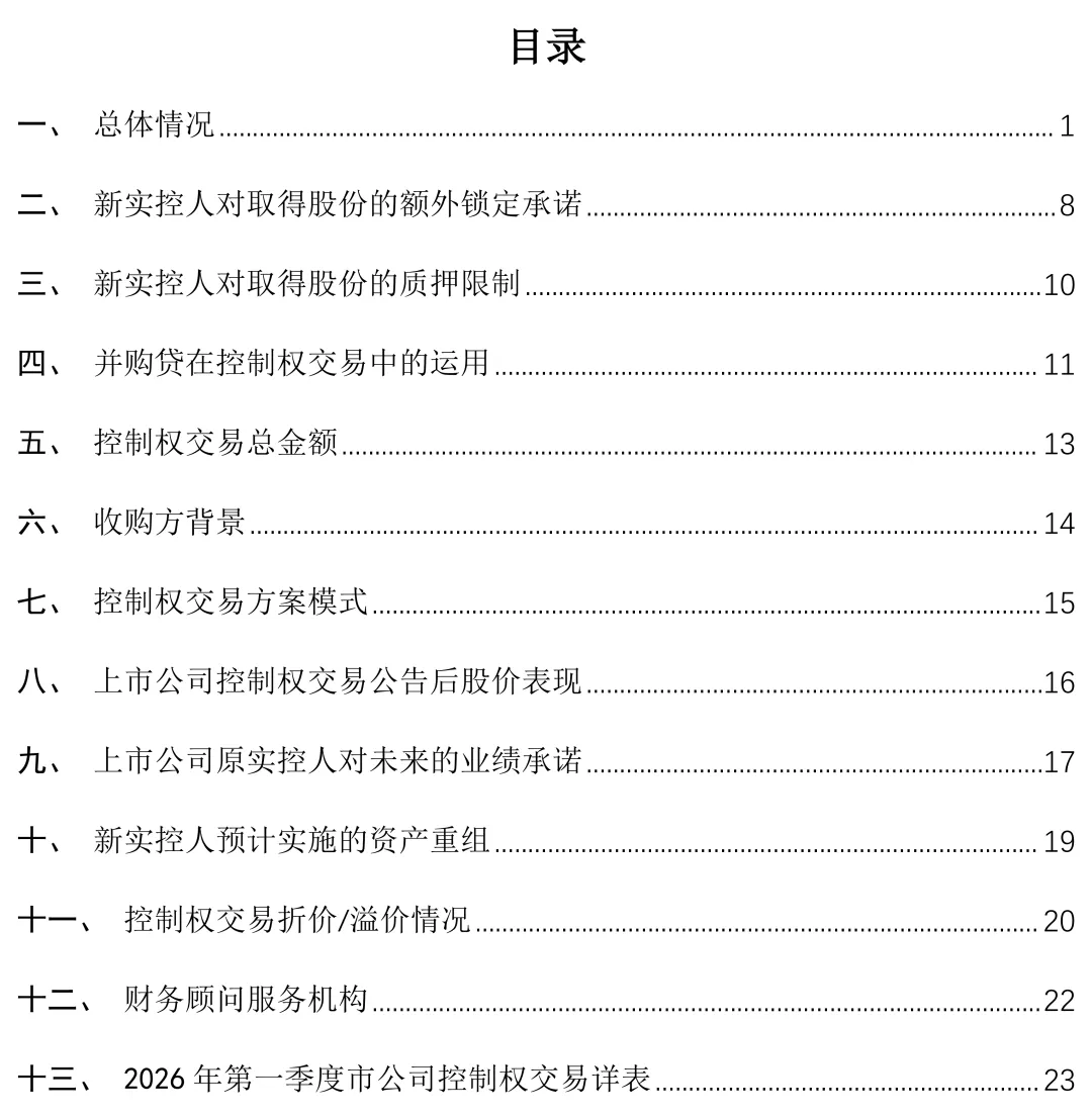 2026年上市公司控制权交易市场季报(第一季度)