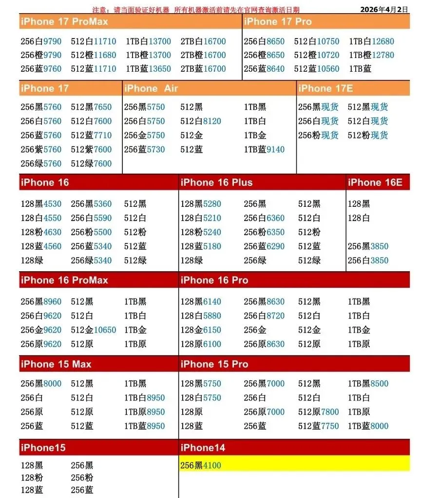 苹果全系列正品市场批发价4.2
