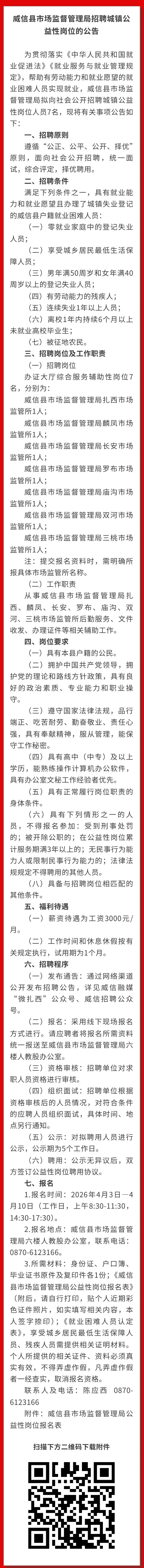 威信县市场监督管理局招聘7人公告