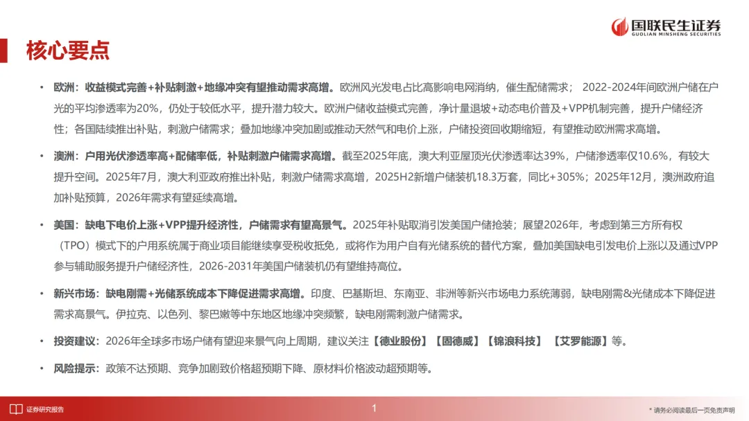 储能行业深度报告:2026年全球多市场户储有望迎来景气向上周期(附下载)