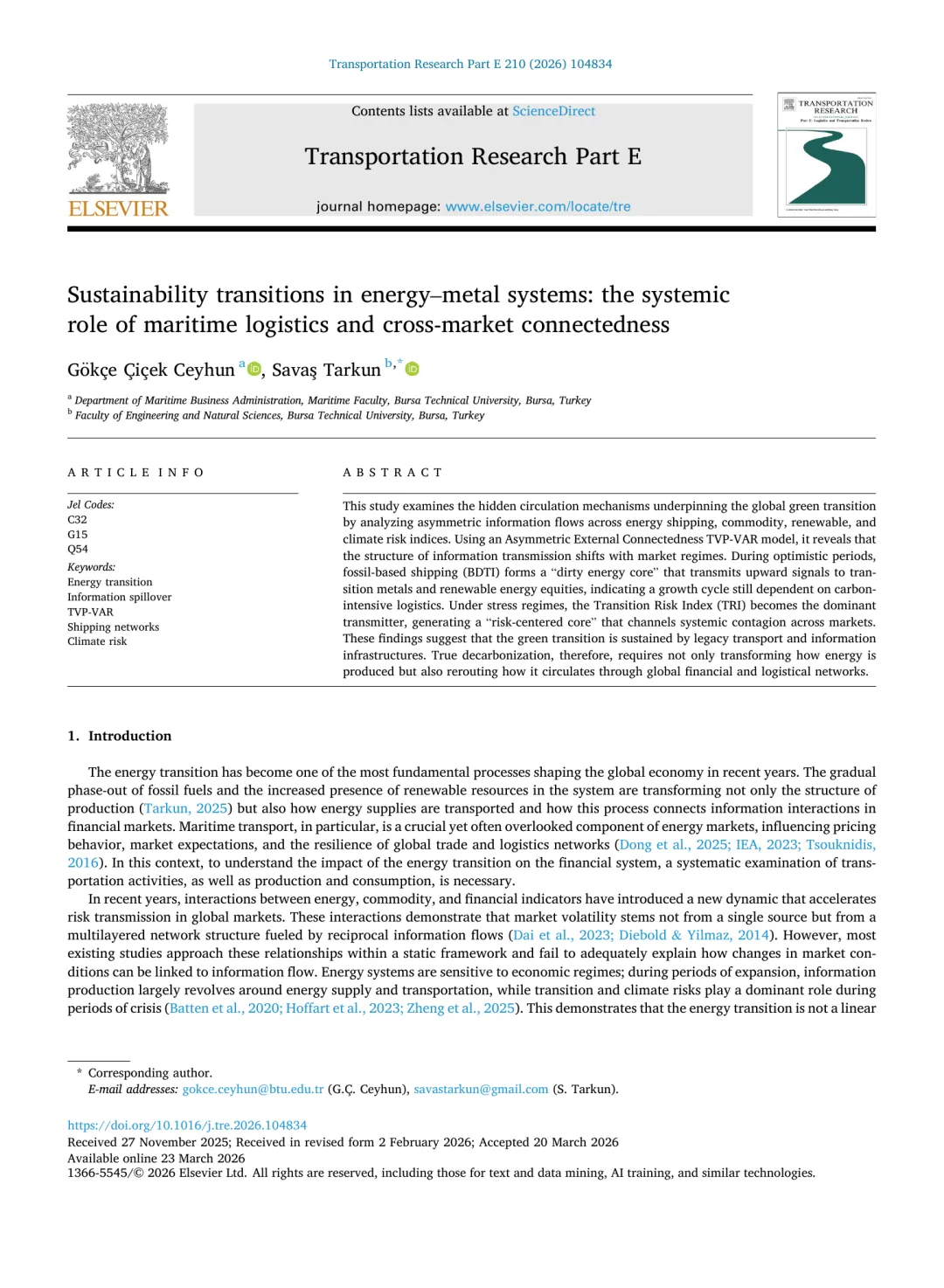 论文推荐 | TR-E:海运物流与跨市场互联性的系统性作用:能源-金属体系中的可持续发展转型