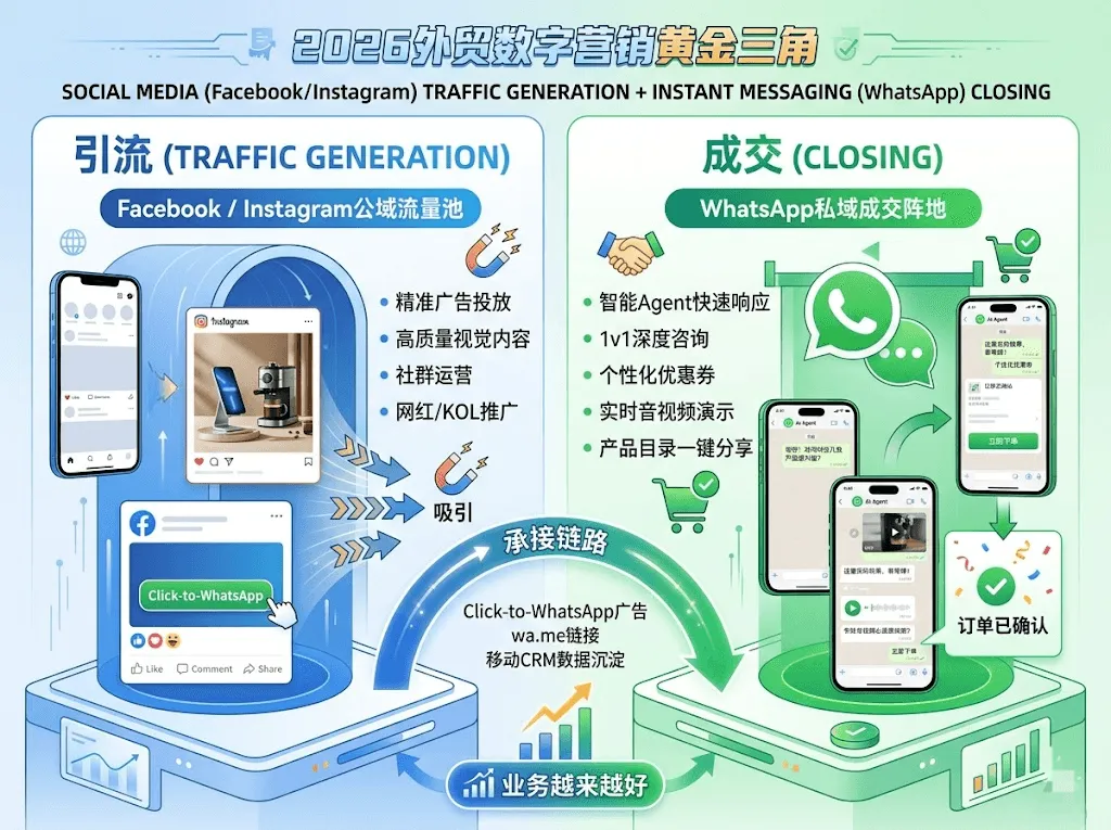 2026外贸出海:告别“盲目获客”,构建 FB+IG+WhatsApp 的私域增长闭环