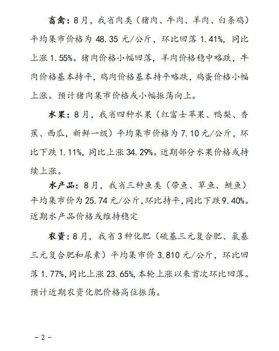 【价格监测】山西省8月份重点农产品市场价格监测报告