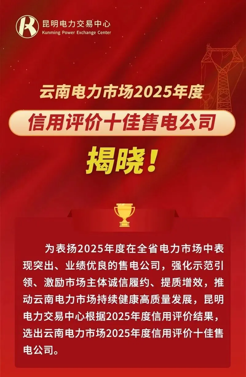 【喜报】云南天朗售电获评云南电力市场-2025年度信用十佳售电公司