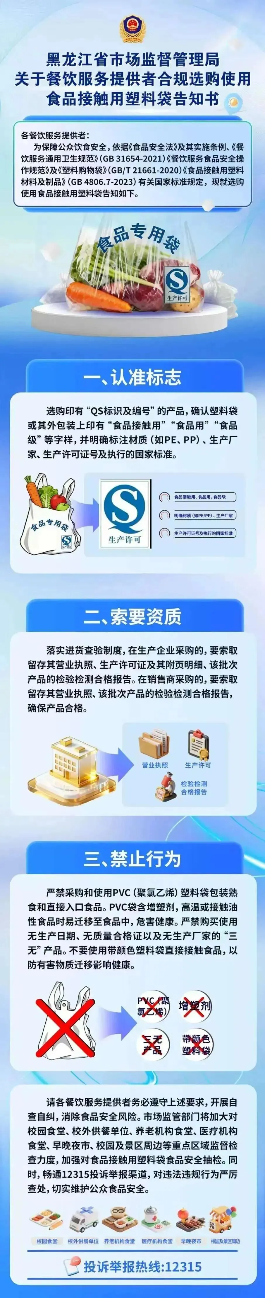 黑龙江省市场监督管理局关于餐饮服务提供者合规选购使用食品接触用塑料袋告知书