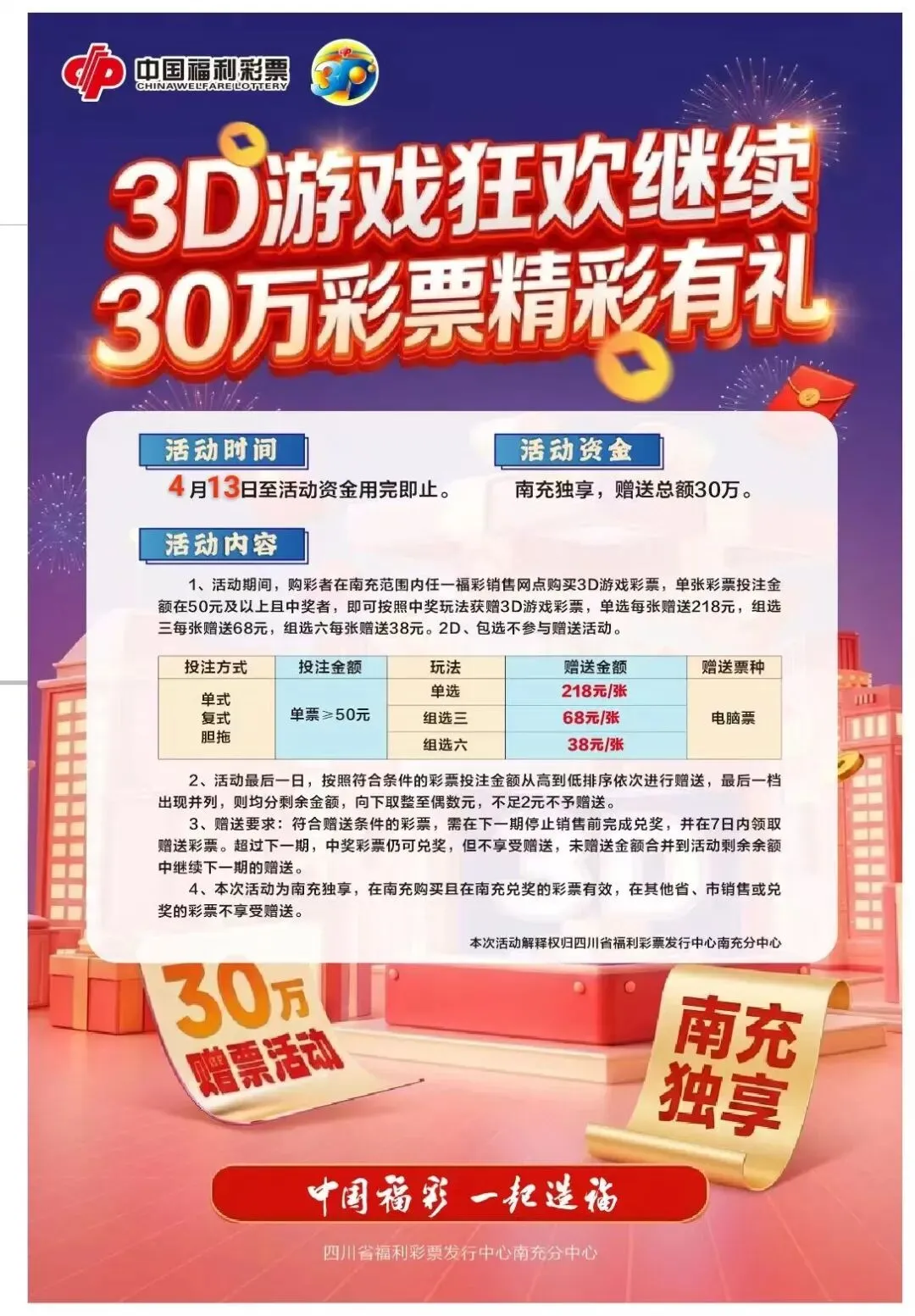 四川福彩南充分中心关于开展3D游戏营销活动的公告