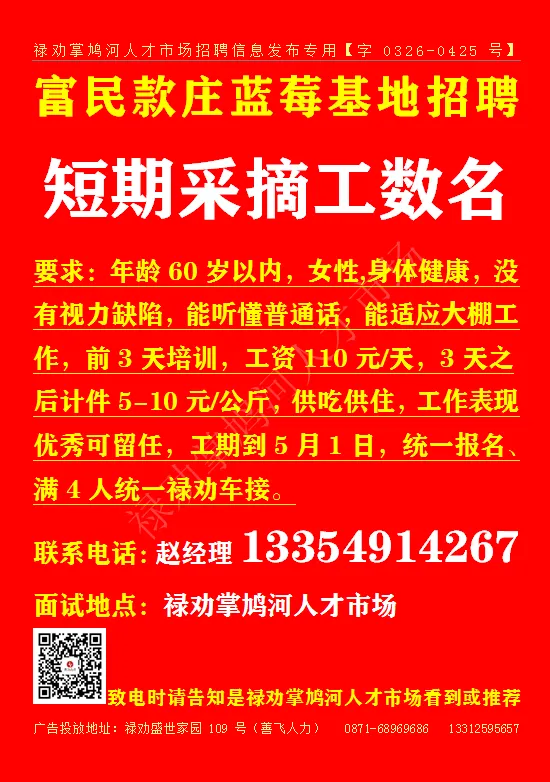 【禄劝招聘】禄劝掌鸠河人才市场外出就业岗位0412期.