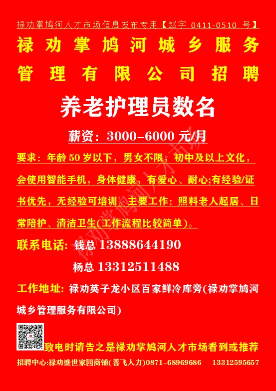 【禄武招聘】禄劝掌鸠河人才市场本地招聘汇总第0412期
