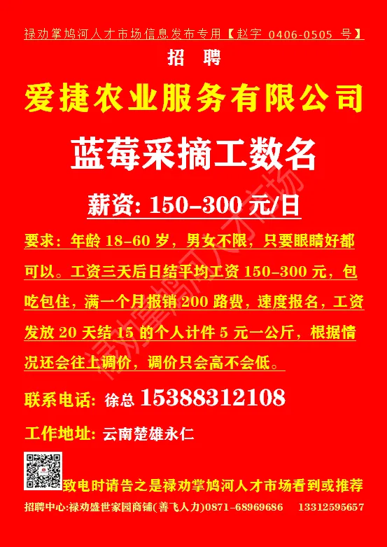 【禄武招聘】禄劝掌鸠河人才市场本地招聘汇总第0412期