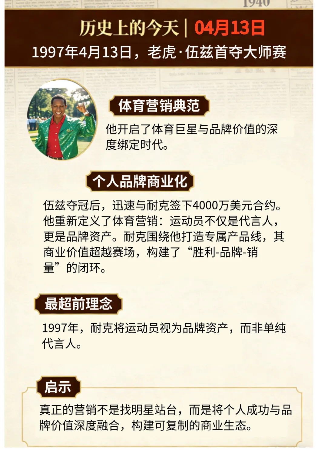 营销之历史上的今天| 1997年4月13日,老虎・伍兹首夺高尔夫大师赛冠军.开启体育品牌与品牌价值深度绑定