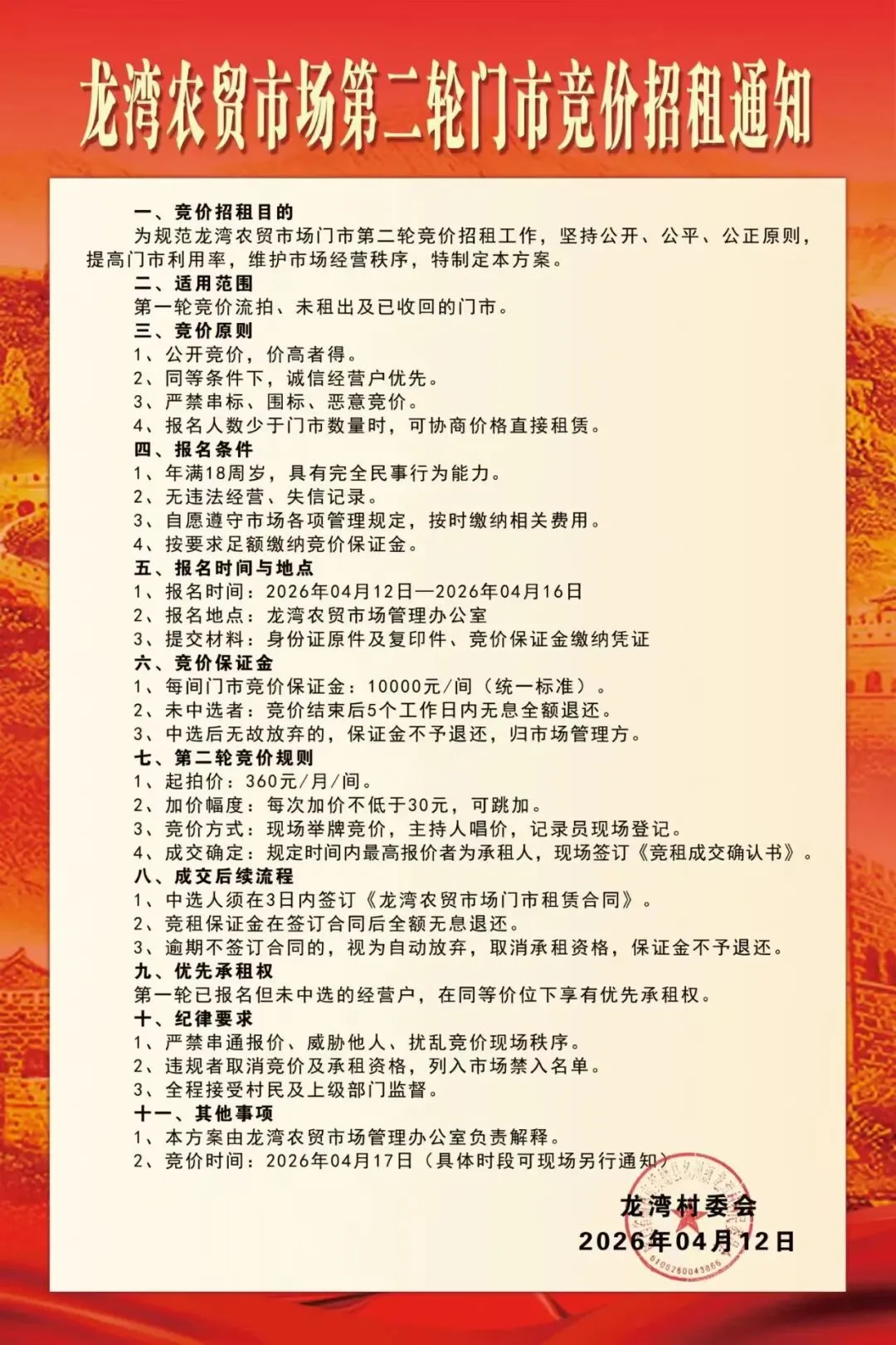 龙湾农贸市场门市第二轮竞价招租