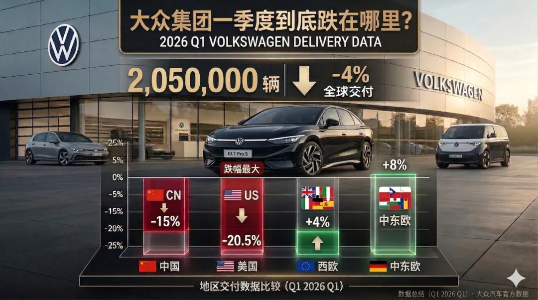 大众中国市场一季度跌15%,全球交付跌4%:中美两大市场正在重写德国车企增长逻辑