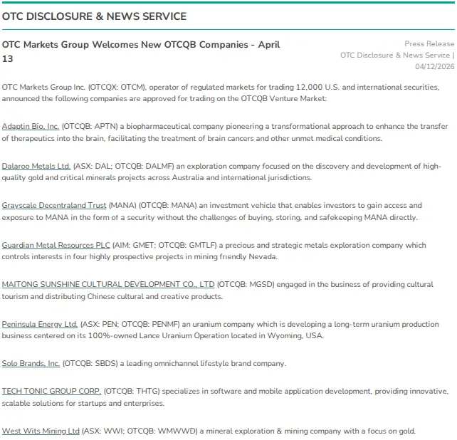 美国OTC市场热度持续飙升!又有9家企业获OTCQB交易资格