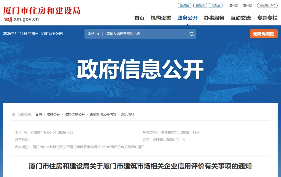 厦门市住建局:厦门市建筑市场相关企业信用评价有关事项