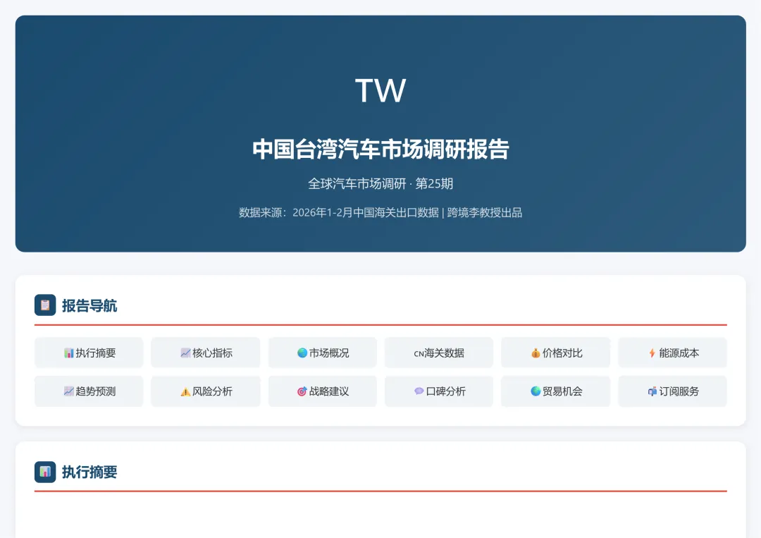 中国台湾汽车市场调研2025和2026年1-2月份海关出口数据