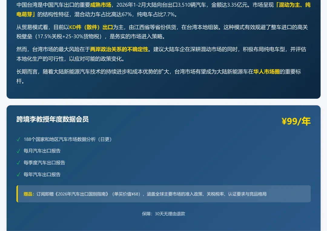 中国台湾汽车市场调研2025和2026年1-2月份海关出口数据