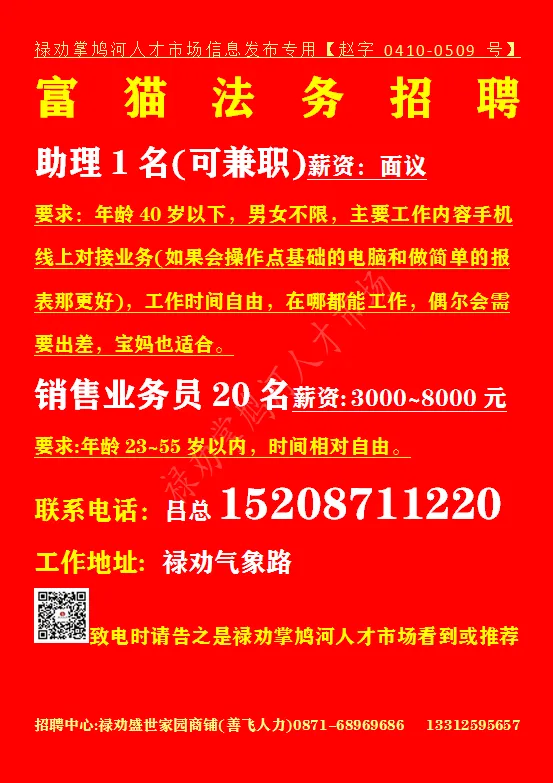 【禄武招聘】禄劝掌鸠河人才市场本地招聘汇总第0416期