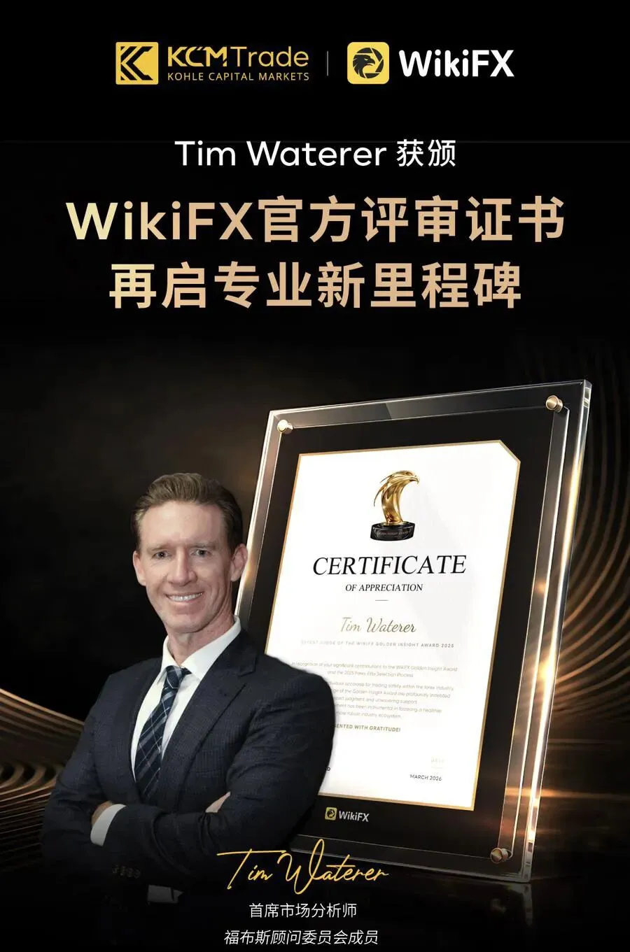 KCM 首席市场分析师Tim Waterer正式获颁WiKiFX天眼奖评审委员证书,再启专业新里程碑!