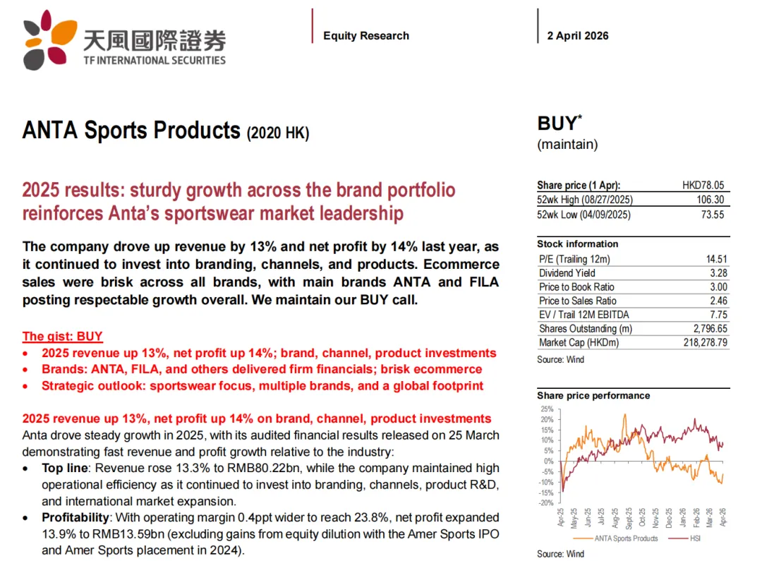 安踏體育:市場領導地位進一步強化