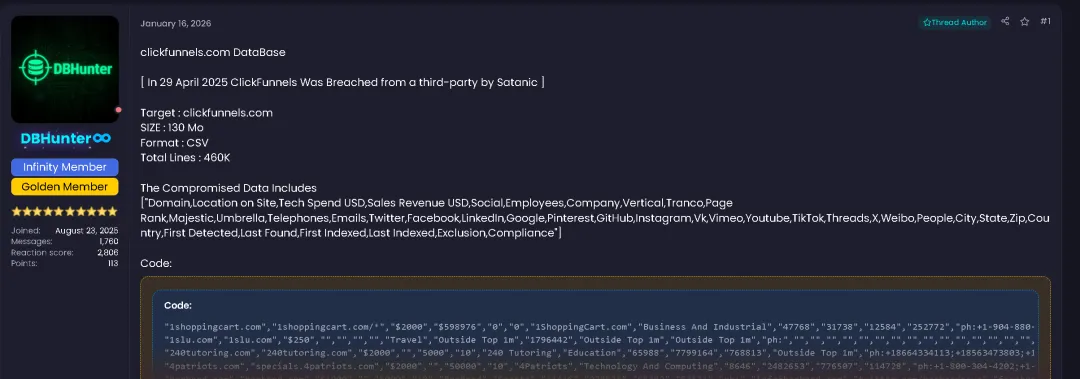 暗网泄露:全球知名的 一站式营销与销售漏斗 SaaS 平台信息泄露
