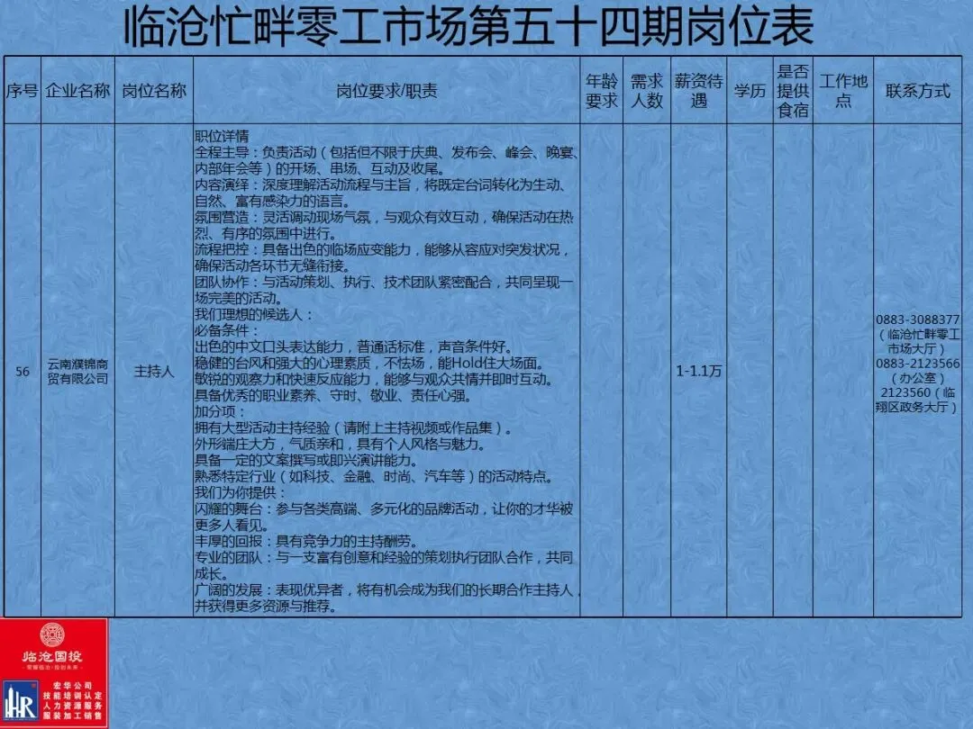临沧忙畔零工市场岗位信息(第五十四期)