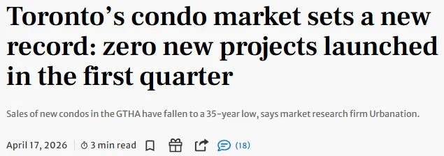 30年来首次! 多伦多公寓市场＂0开盘＂! 库存创新高, 8年才能清空!