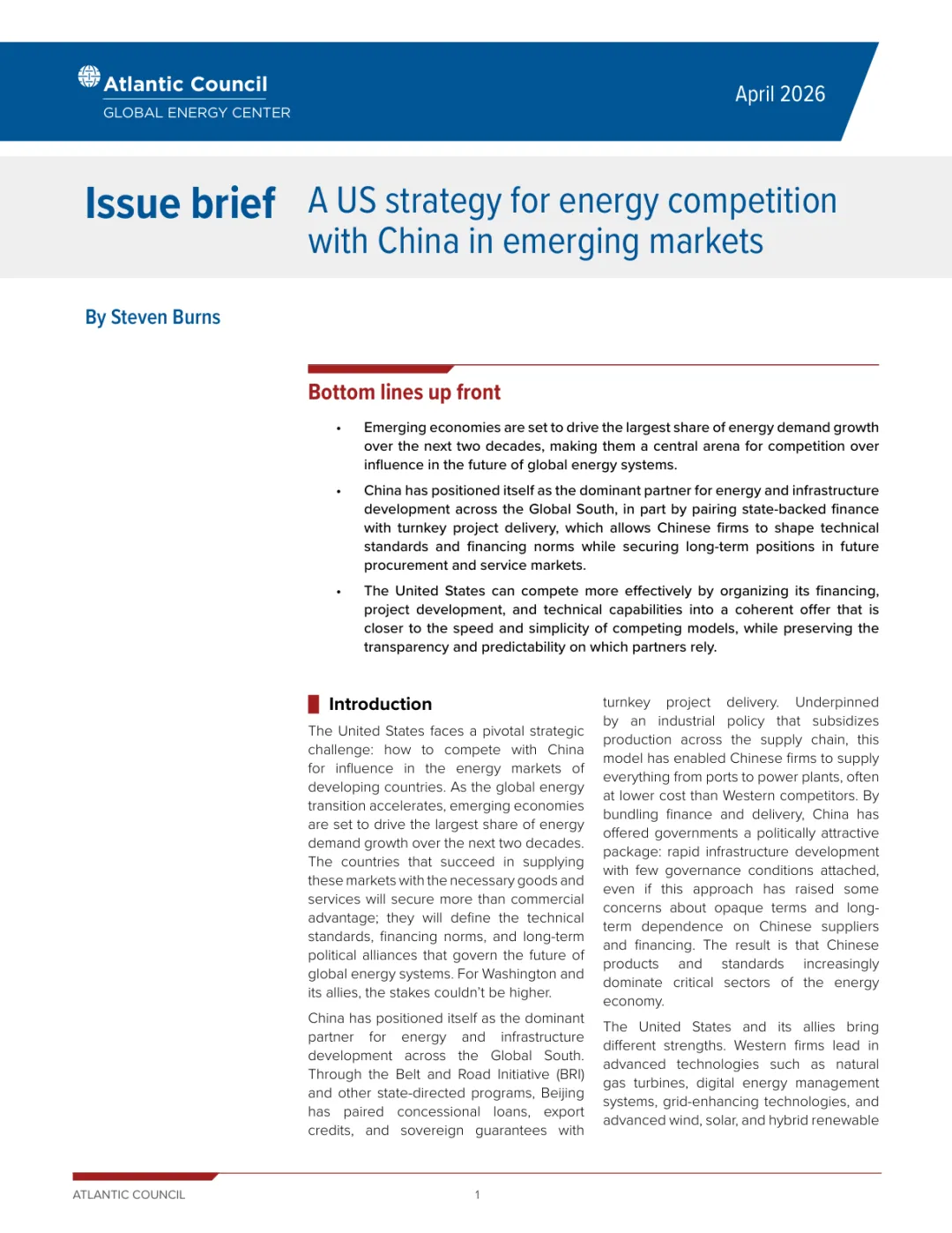 美国在新兴市场与中国展开能源竞争的战略