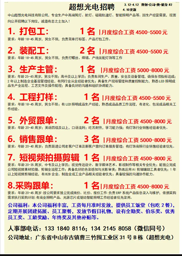 2026年4月18号战狼人才市场最新招聘更新(古镇,横栏、海洲,小榄)