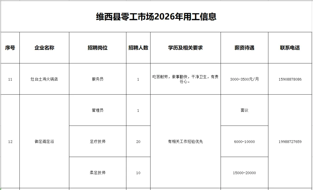 【零工市场促就业】维西县2026年零工市场岗位推荐(第十一期——县内)